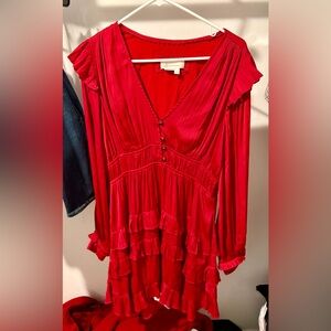 Anthropologie Tiered Ruffle Mini Dress -Red Long Sleeve V-Neck